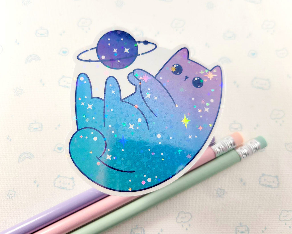 Cat Space with Planet Holographic Stars Sticker